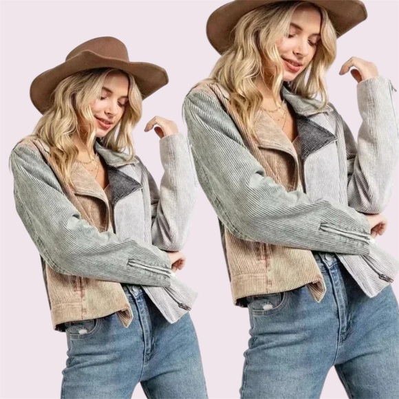 Garment Washed Corduroy Block Moto Jacket Size Small - Picture 1 of 10